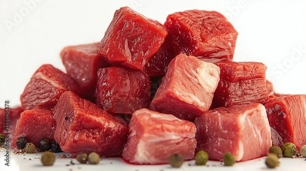 Fototapeta Cubes of raw beef meat isolated on white background