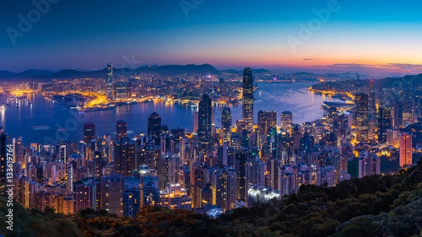 Obraz Panorama widok przed wschodem słońca na szczycie Hongkongu w Hongkongu