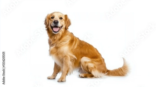 Fototapeta Golden retriever sitting and panting on white background, looking friendly and relaxed