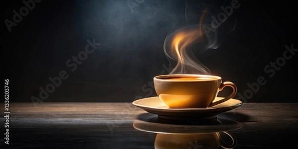 Fototapeta Aromatic Coffee in a Warm Mug with a Whirl of Steam on a Dark Table