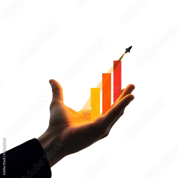 Obraz dark hand raising colorful financial bars with arrow, symbolizing increasing business performance, high quality png isolated on transparent background