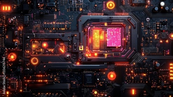 Fototapeta Abstract Neon Circuit Board Background with Glowing Elements and Complex Patterns