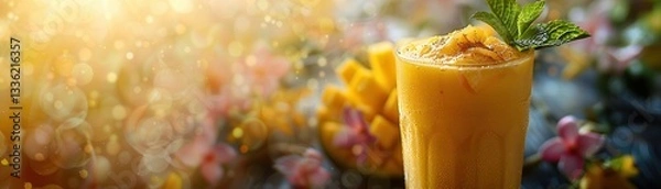 Fototapeta refreshing mango smoothie garnished with mint leaves sits in glass, surrounded by vibrant, sunlit background with bokeh and floral elements, evoking tropical paradise