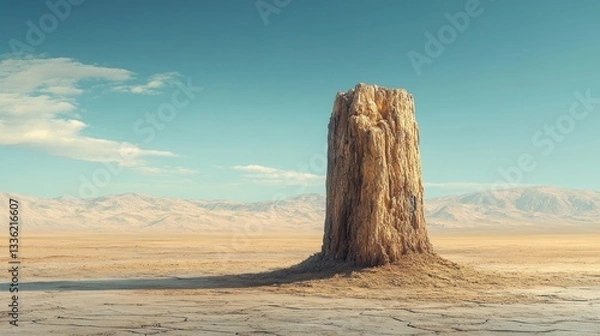 Fototapeta Solitary rock formation in a vast desert landscape under a clear sky