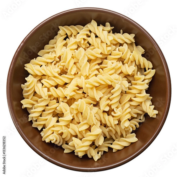 Obraz Raw pasta Fusilli in  bowl isolated on white background. Raw and Dry Macaroni. Italian Culture.