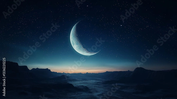 Fototapeta darkness of a new moon night sky is subtly illuminated by a faint glimmer of starlight creating a mysterious and atmospheric scene Wallpaper Desktop