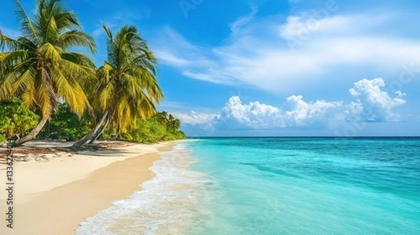Fototapeta Idyllic tropical beach paradise featuring palm trees, crystal clear waters, and white sand