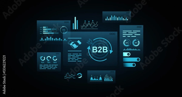 Fototapeta B2B business dashboard with futuristic blue neon UI elements and digital analytics charts. 3D Rendering