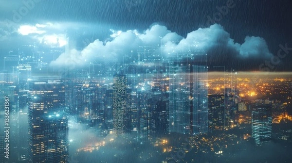 Fototapeta Futuristic Cityscape: AI Weather Prediction Over Modern Metropolis in Rainy Conditions