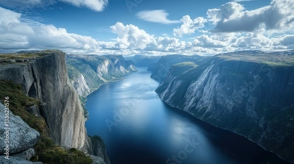 Fototapeta Spectacular panoramic vista of a Norwegian fjord surrounded by imposing cliffs