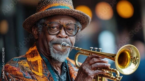 Obraz Close-up portrait of a senior African-American man playing a trumpet.
