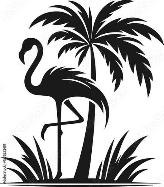 Obraz silhouette of flamingo dancing with a palm tree