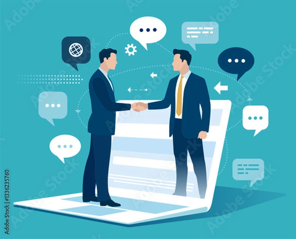 Fototapeta Cooperation. Agreement concluded over the internet. Business people shaking hands online through laptop monitor. Business concepts of vector illustration