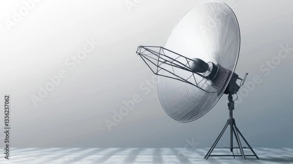 Fototapeta A sleek satellite dish stands prominently on a tripod, capturing signals against a minimalist gray background