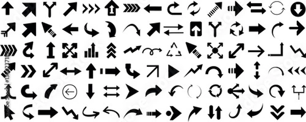 Fototapeta flat arrow icons set. Directional arrows, curved, straight, circular, and zigzag symbols. Navigation, movement, rotation, looping, and pointing elements. Vector black arrows for UI, infographic