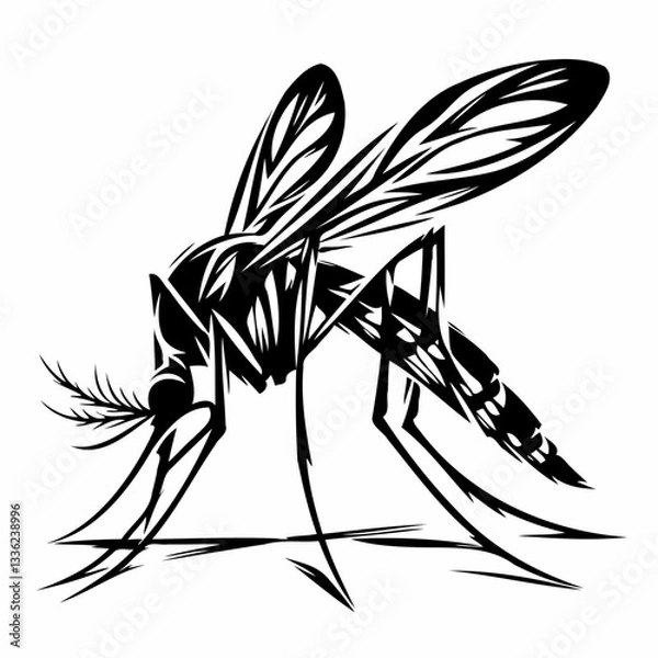 Fototapeta Vector black and white silhouette of a mosquito, made with minimalistic strokes