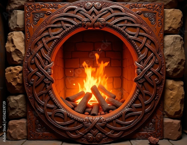 Fototapeta Embossed leather ornament featuring intricate Celtic knotwork, casting shadows in the warm glow of a flickering hearth fire.
