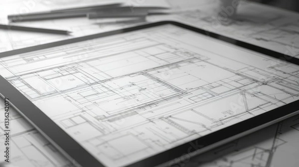 Fototapeta Detailed architectural blueprints displayed on a tablet, surrounded by pens and tools in a design workspace