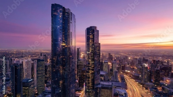 Fototapeta Melbourne's skyline during twilight with modern skyscrapers and light trails