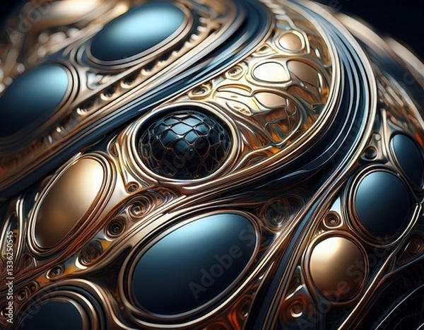 Fototapeta A surreal carapace covered in flowing, liquid-like metallic textures.