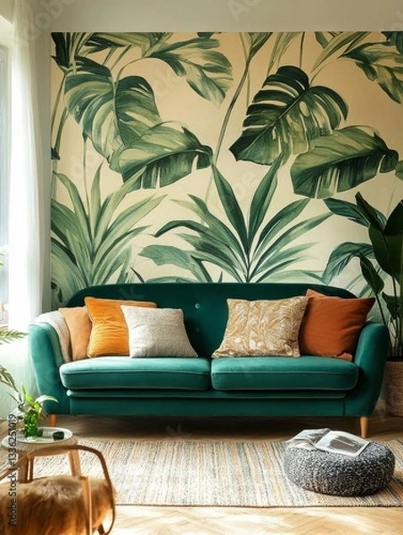 Fototapeta Elegant Living Room with Emerald Sofa & Botanical Wallpaper: A Cozy Home Interior Design, Featuring Plush Cushions & Serene Decor for Relaxation