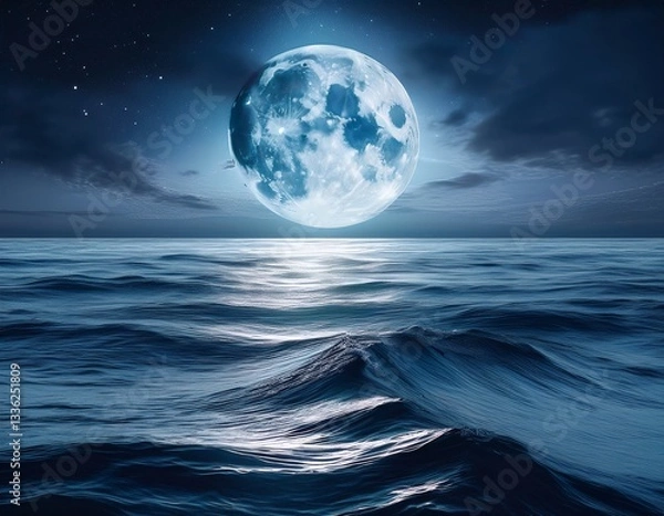 Fototapeta A surreal ocean surface with liquid silver waves under a moonlit sky.
