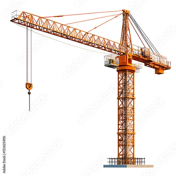Fototapeta Tall orange construction crane against black background,