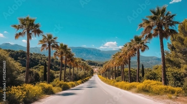 Fototapeta A long empty road lined with perfectly symmetrical palm trees and yellow flowers
