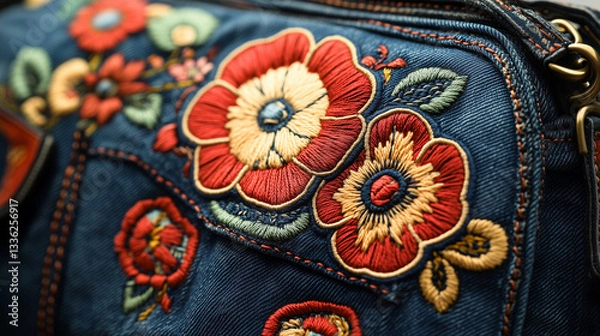 Fototapeta Denim bag with 3d intricate floral embroidery in shades of orange, blue, and pink, accented with leather straps and buckles. Ideal for fashion blogs, craft websites, and articles on bohemian style and