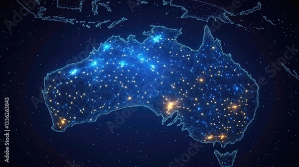 Fototapeta A vibrant digital map of Australia showcasing illuminated city networks against a dark background