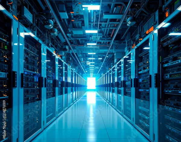 Fototapeta Hyperscale server hall with towering SSD stacks, robotic maintenance drones, and cold white industrial lighting.