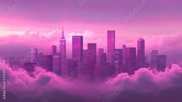 Fototapeta Purple hued cityscape featuring skyscrapers engulfed in soft clouds