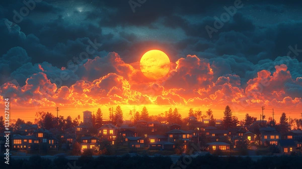 Fototapeta Dramatic Sunset over Suburban Neighborhood with Large Orange Moon and Fiery Cloudscape