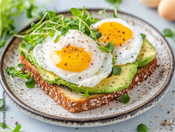 Fototapeta Healthy Avocado Toast with Poached Eggs and Fresh Microgreens on a Rustic Plate