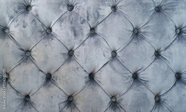 Fototapeta Quilted vintage sofa velour fabric, vintage upholstered furniture, soft gray fabric sofa with sewn-in buttons texture, background