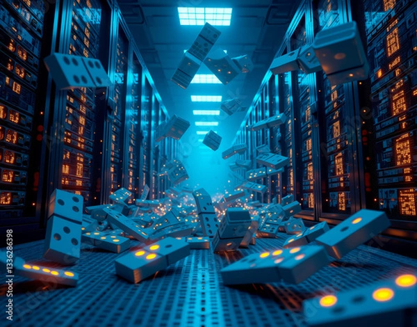 Fototapeta Server racks collapse like dominoes, illustrating a chain reaction of data failure and the risks of system collapse.