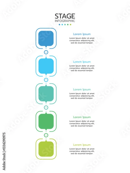 Obraz 5 Elements placed in vertical row. Concept of 5 successive steps of project development process. Flat infographic design template. Simple vector illustration for business analytics.