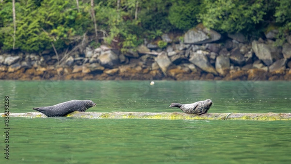 Obraz Common or harbor seal (Phoca vitulina) relaxing, Knight Inlet, Vancouver Island, British Columbia, Canada.