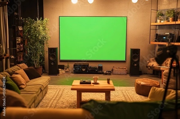Fototapeta Modern Home Theater Room with Green Screen, Stereo Speakers, and Cozy Sofa