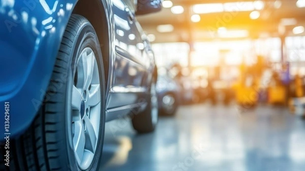Fototapeta A Blue Car Wheel And Vehicle In A Workshop Environment