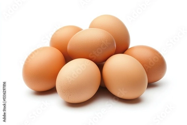 Fototapeta Close-up of Brown Chicken Eggs Stacked on White Background