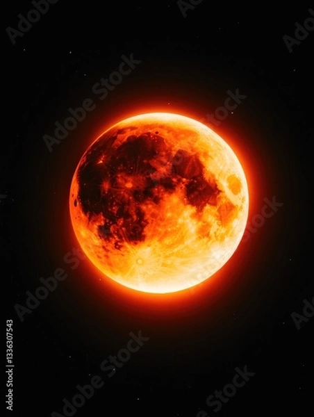 Fototapeta Total lunar eclipse close-up with deep red glow in night sky for astronomy science studies