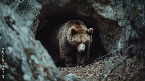 Fototapeta A majestic brown bear emerging from a rocky cave in a serene forest setting, surrounded by lush greenery