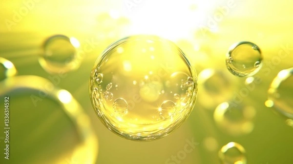 Fototapeta Transparent liquid bubbles with bright yellow and green coloration in focus