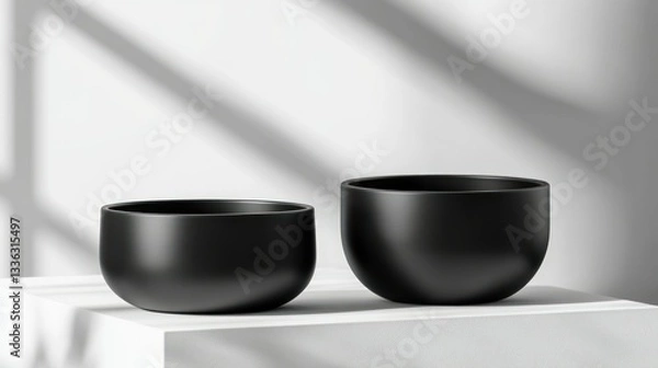 Fototapeta Two Black Bowls Arranged on a White Cube Surface