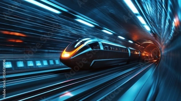 Fototapeta Futuristic hyperloop train hurtling through a brightly lit tunnel at high speed