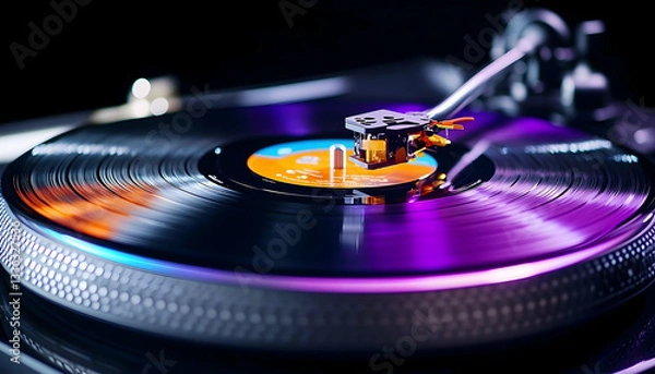 Fototapeta Close-up of a vinyl record spinning on a turntable, illuminated with vibrant purple and orange light