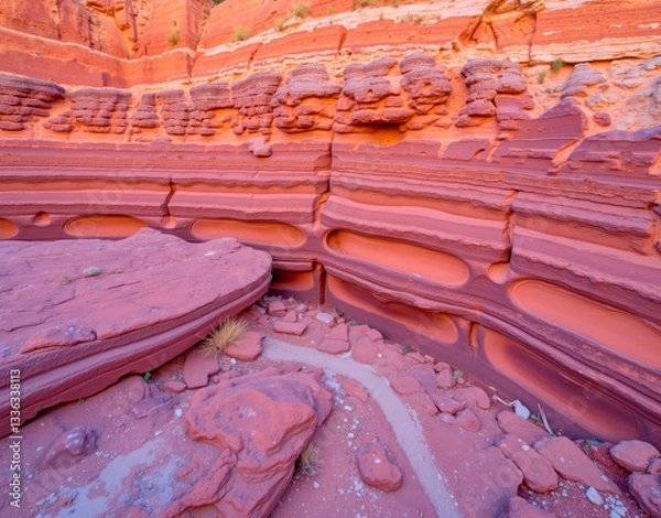 Fototapeta Utah badlands stratigraphy with compressed Jurassic sediment layers in ochre, purple, and rugged eroded formations.