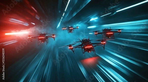 Fototapeta Futuristic drone racing in a neon-lit tunnel, technology and velocity displayed