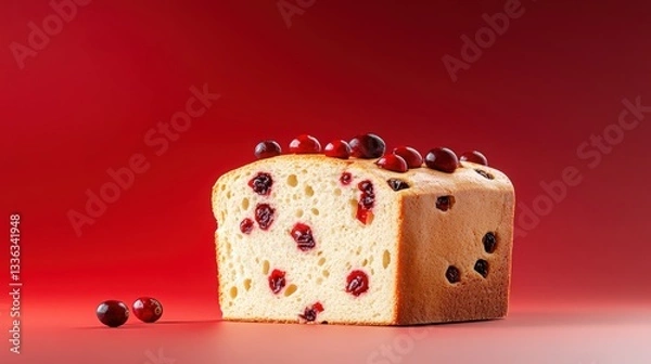 Obraz Minimalist style cranberry bread slice on red background food photography artistic presentation